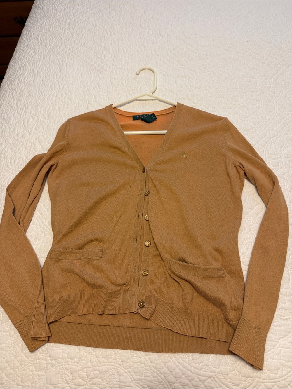Ralph Lauren Women's Camel V-Neck Button Cardigan, READ